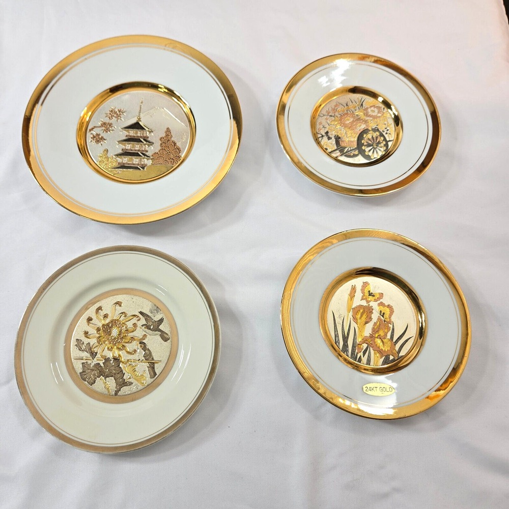 Art of Chokin Collectors Plates 24kt Gold Rimmed Set of 4 White